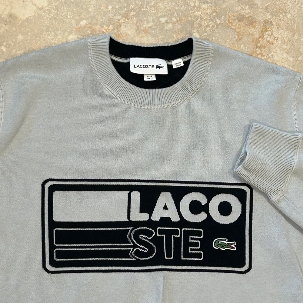 Lacoste Crewneck Sweater Mens M Grey Knit Sweatshirt Box Logo Cotton Blend Lined